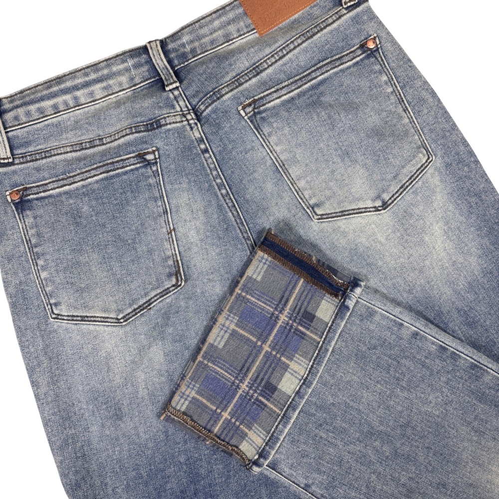 Judy Blue Plaid Cuff Straight Leg Jeans Womens 11/30 Blue High Rise Stretch